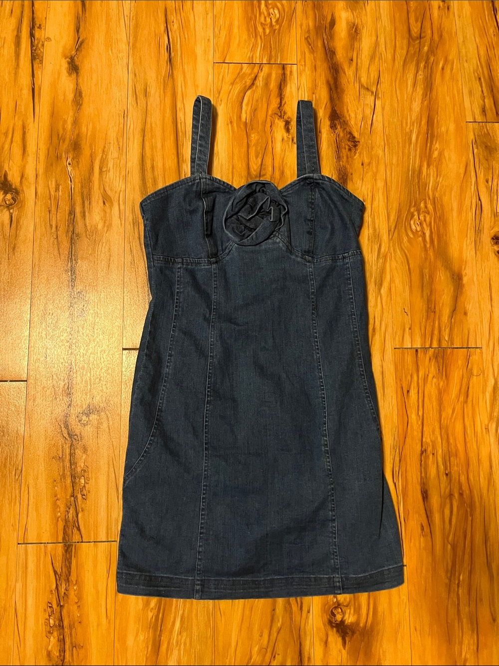 Dark Blue Denim Mini Dress with Rosette Detail